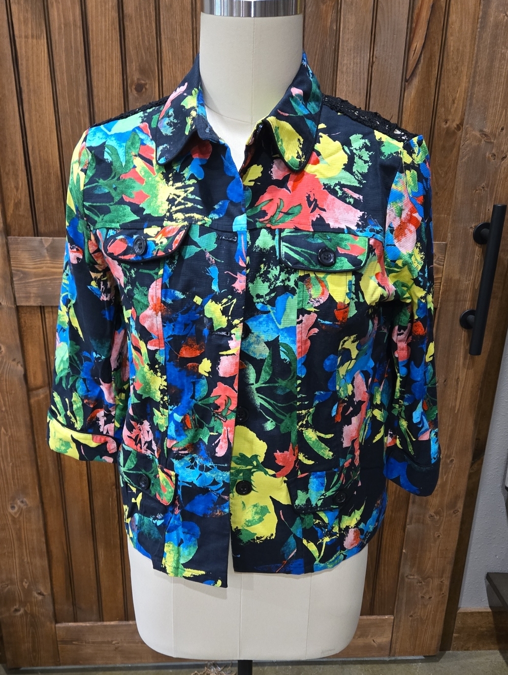 ERIN LONDON Floral Button-Down Shirt Jacket - Black with Bright Multi Colors